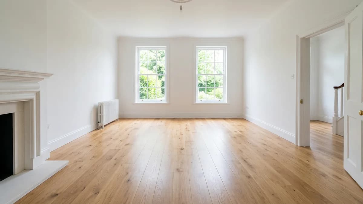 An empty, freshly cleaned living room with wooden floors, white walls and daylight from two tall windows
