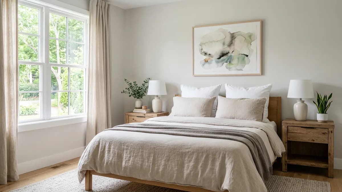 A calm staged bedroom with a made bed, nightstands and soft daylight from a large window