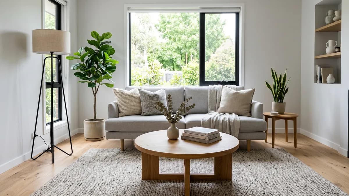A bright staged living room with a sofa, rug and plants, shot straight on for a real-estate listing