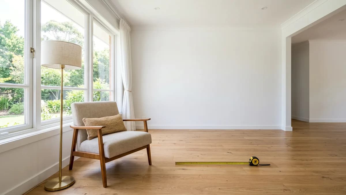 A bright empty living room with one real armchair and a floor lamp by the window and a tape measure on the floor